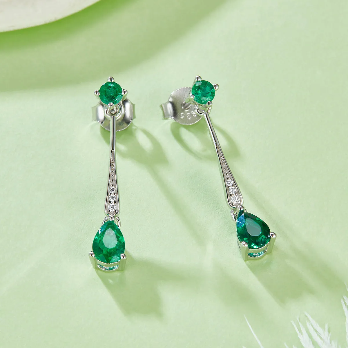 0.5 Carat Pear Shaped Lab Created Emerald Long Drop Earrings in S925 Silver Plated Platinum