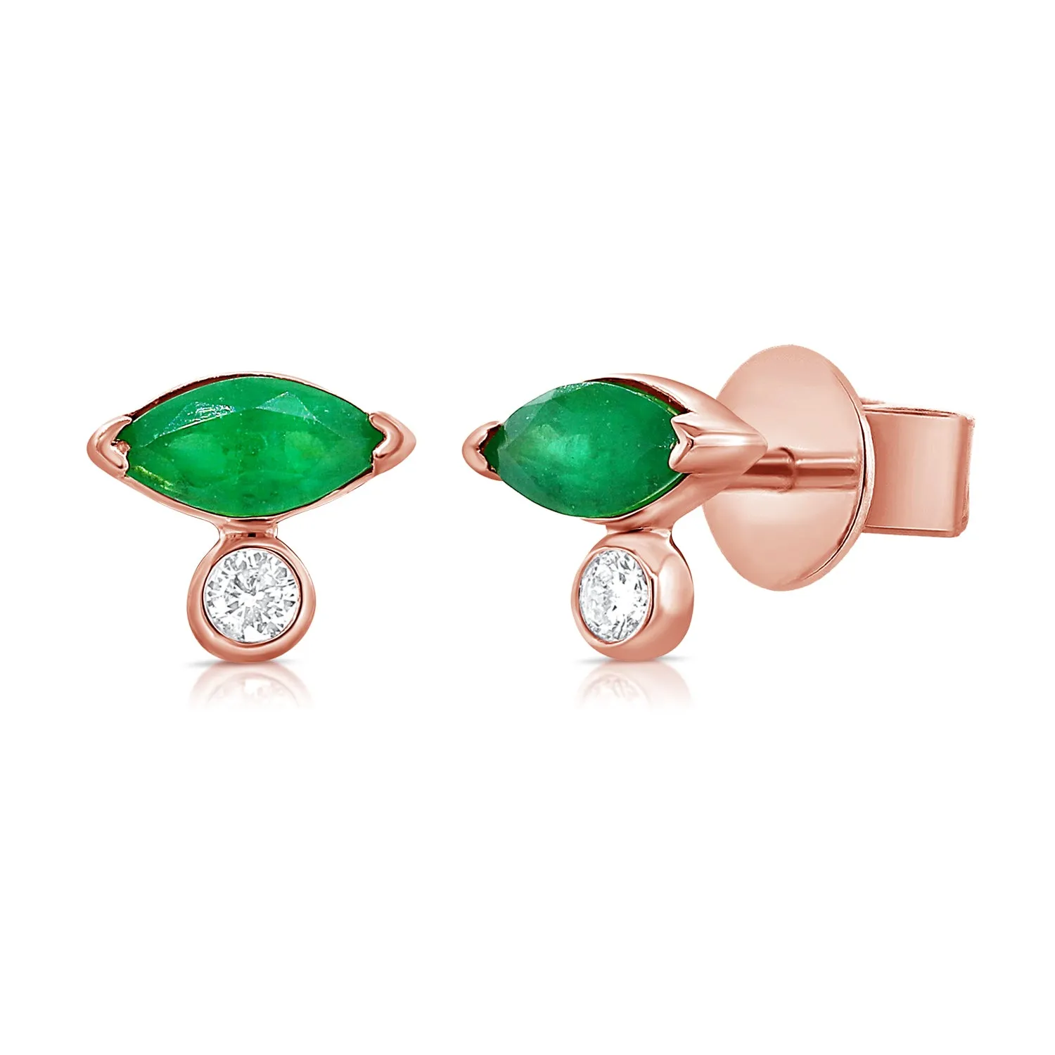 14k Gold Green Emerald Marquise & Diamond Stud Earrings