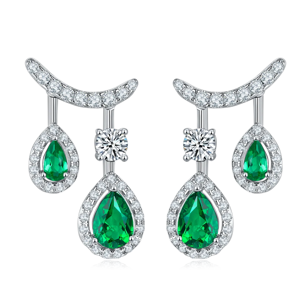1.53 Carat Double Pear-Shaped Lab-Created Emerald Sterling Silver Drop Earrings with Soleste Halo