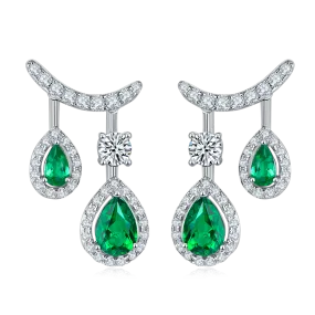 1.53 Carat Double Pear-Shaped Lab-Created Emerald Sterling Silver Drop Earrings with Soleste Halo