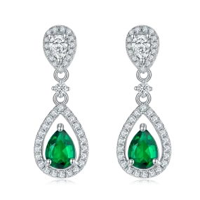 1.6CT Pear-Shaped Lab-Created Emerald Halo Drop Earrings in S925 Silver Plated Platinum