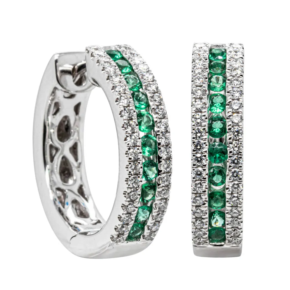 18ct White Gold Emerald & Diamond Hoop Earrings