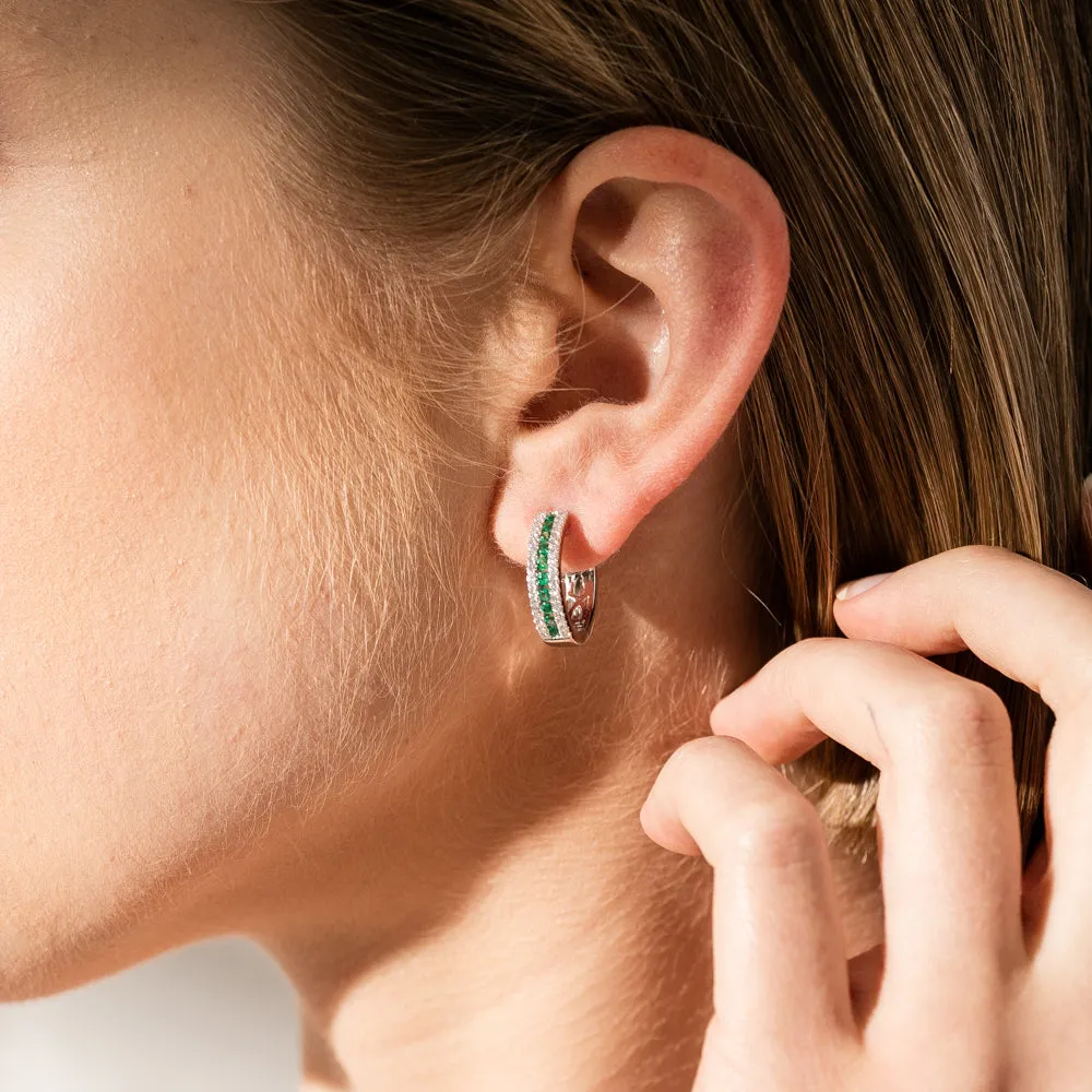 18ct White Gold Emerald & Diamond Hoop Earrings