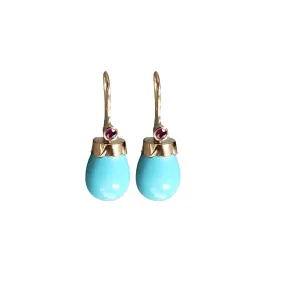 18k Gold Natural Turquoise Earrings with Ruby Stones