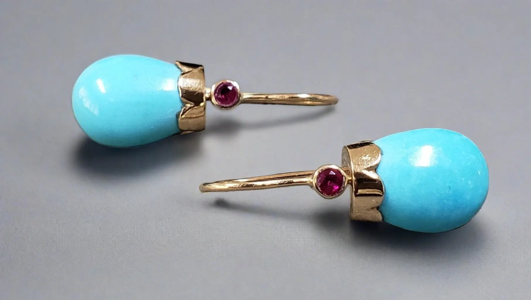 18k Gold Natural Turquoise Earrings with Ruby Stones