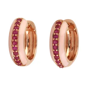 18k Rose Gold And Real Ruby Gemstone With Pink Enamel Hoop Earrings