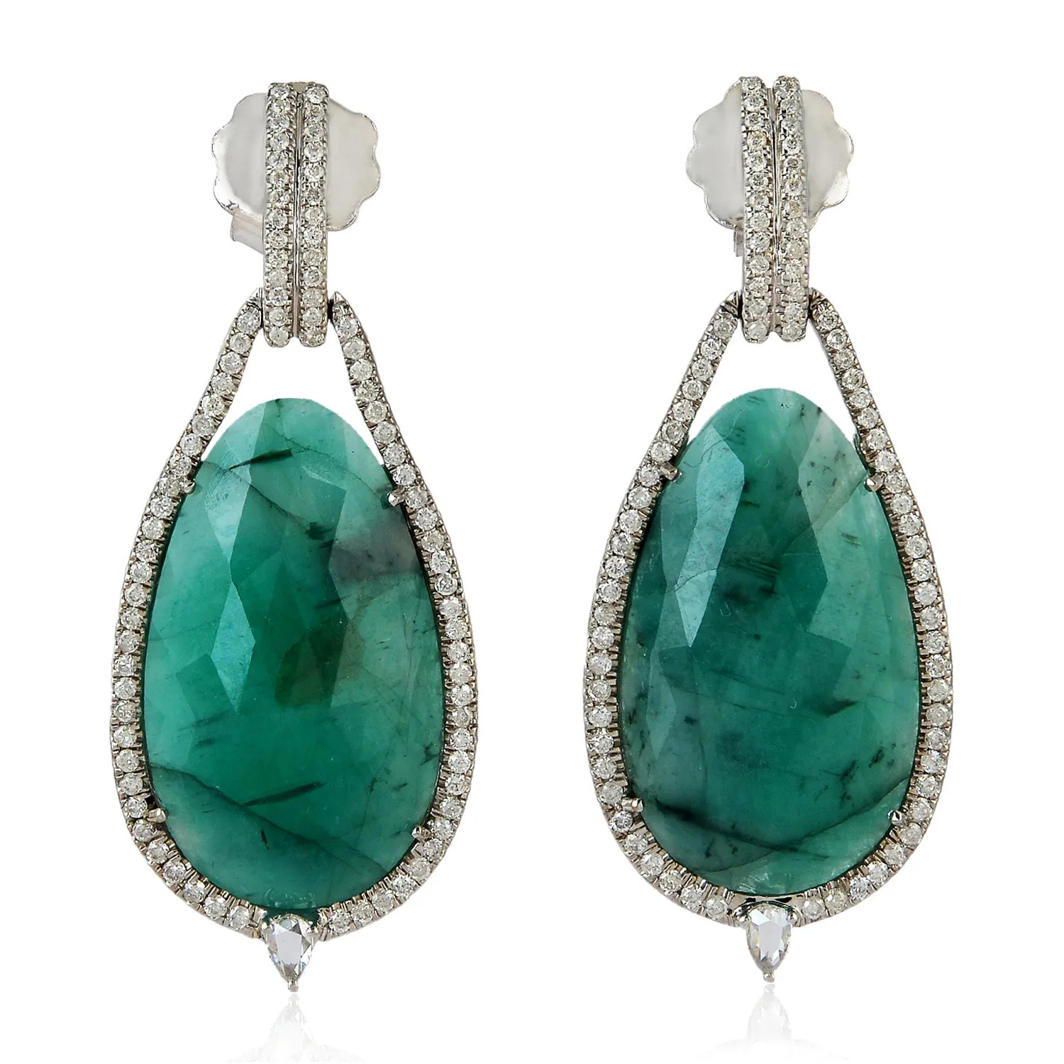 18K White Gold Egg Cut Emerald Pave Natural Diamond Wedding Dangler Earrings