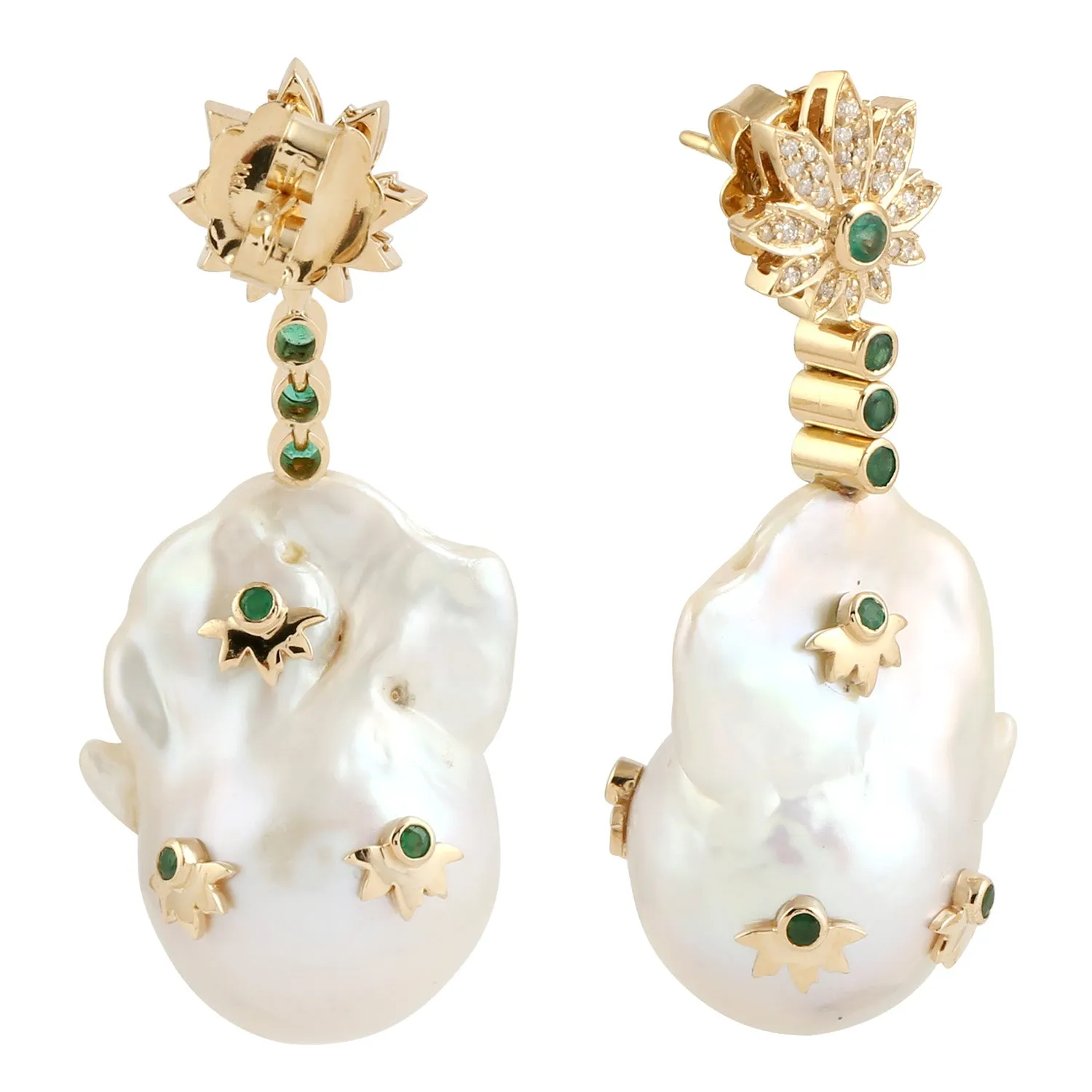 18k Yellow Gold Dangle Earrings Emerald Gemstone Women Jewelry