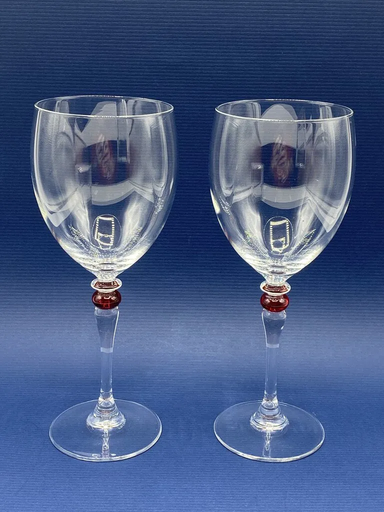 2 - Vintage Luminarc Wine Glasses w/Red Ball Stem made in France /rw