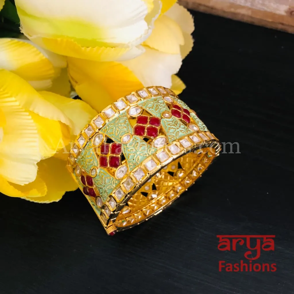 2.4,2.6 size Mint Green Meenakari Kundan Openable Bracelet with Red Stones