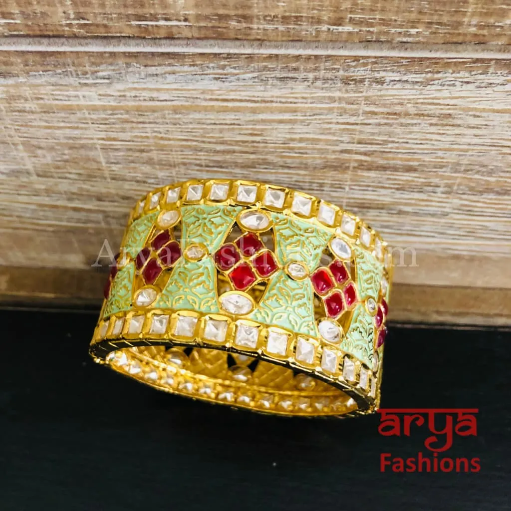 2.4,2.6 size Mint Green Meenakari Kundan Openable Bracelet with Red Stones