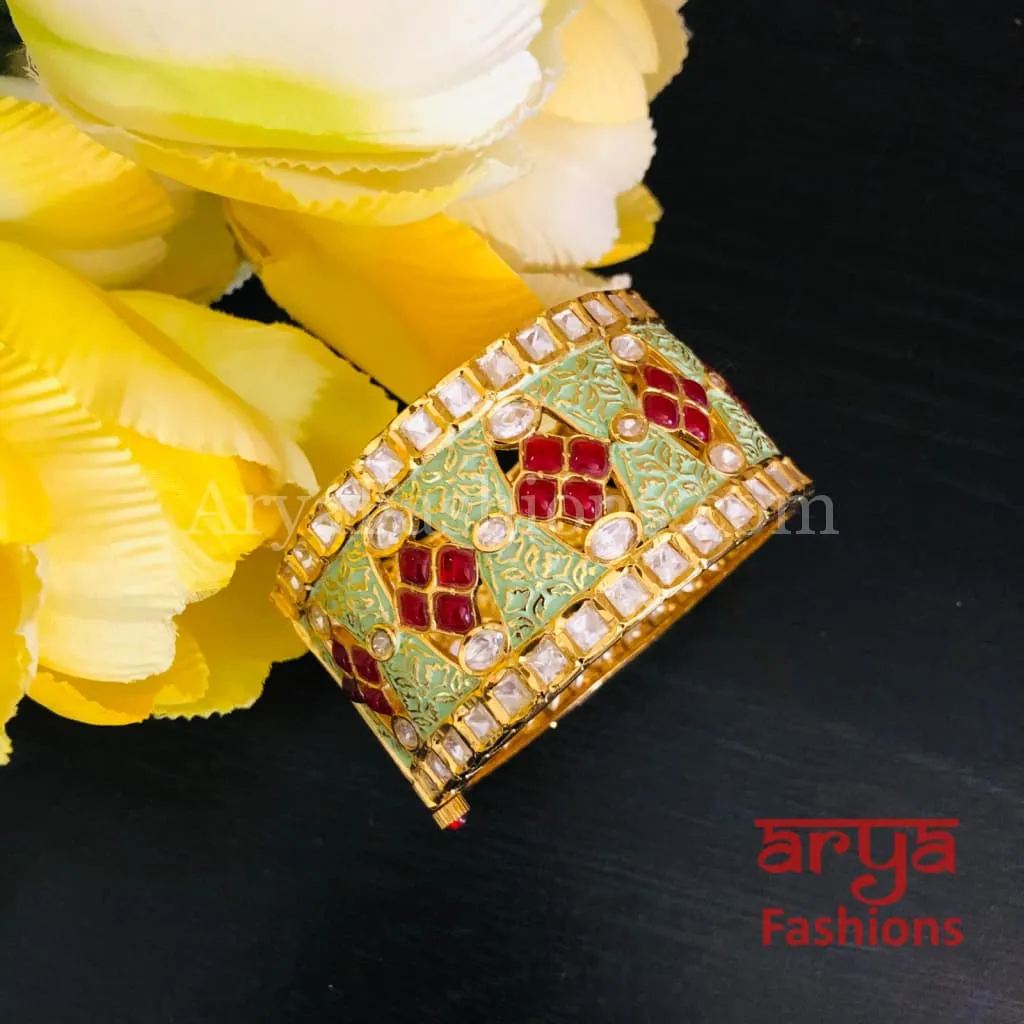 2.4,2.6 size Mint Green Meenakari Kundan Openable Bracelet with Red Stones