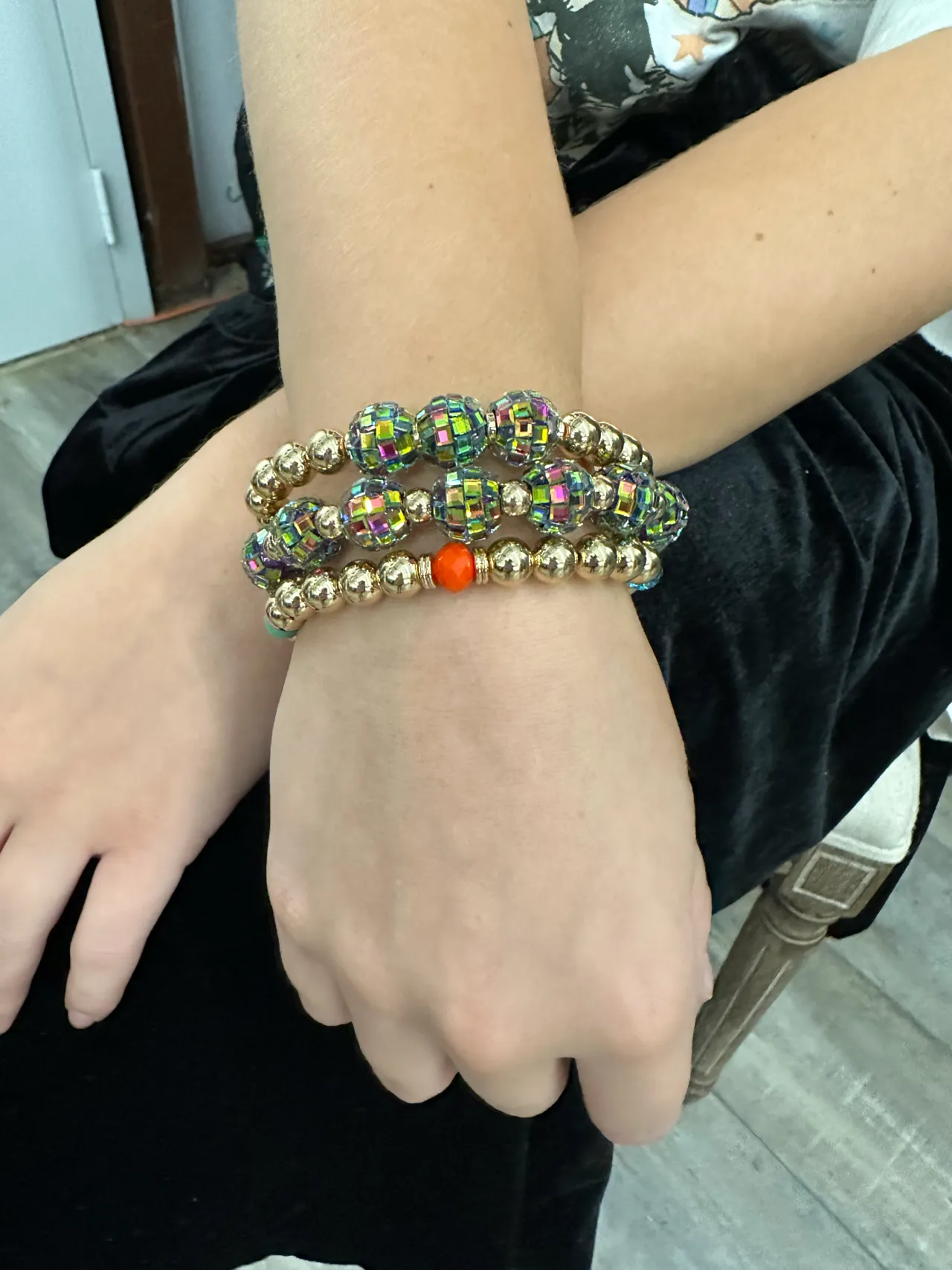 3-strand gold and multi-color disco bead bracelet