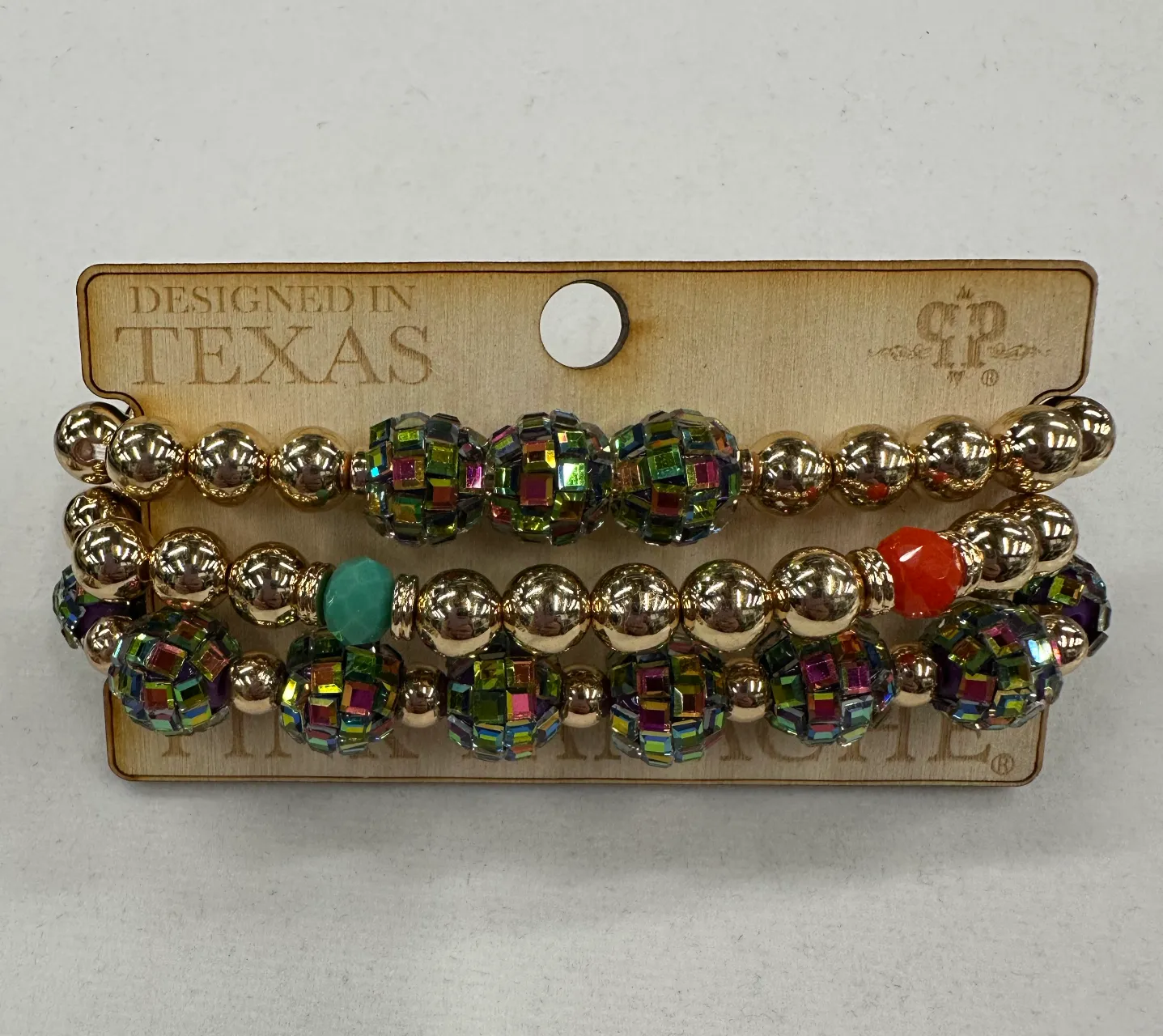 3-strand gold and multi-color disco bead bracelet