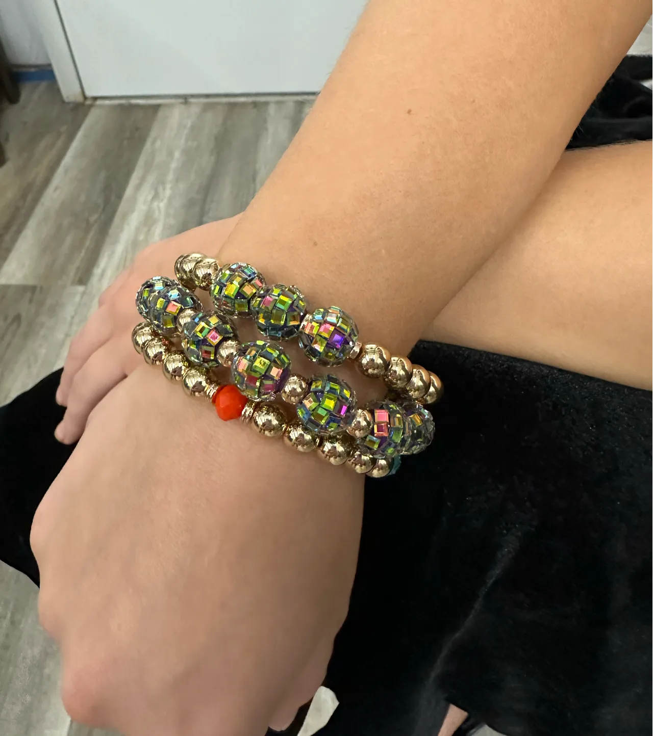 3-strand gold and multi-color disco bead bracelet
