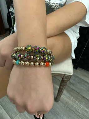 3-strand gold and multi-color disco bead bracelet