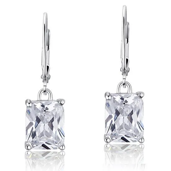 4 Carat Emerald Cut Simulated Diamond 925 Sterling Silver Dangle Earrings