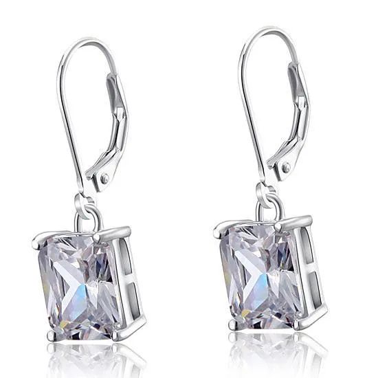 4 Carat Emerald Cut Simulated Diamond 925 Sterling Silver Dangle Earrings