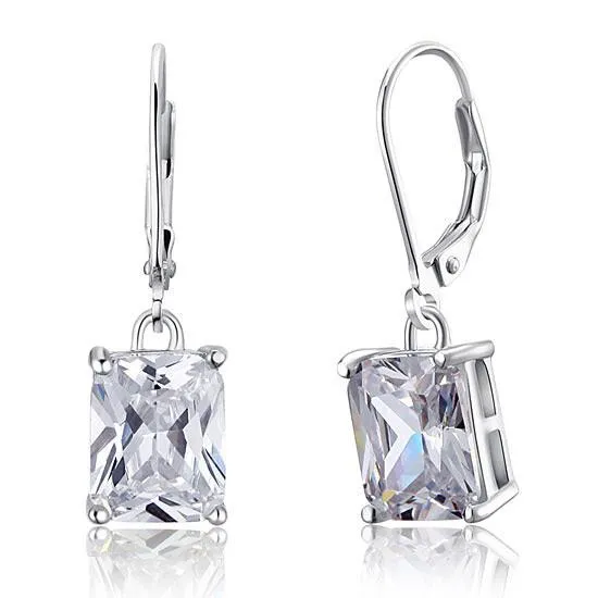 4 Carat Emerald Cut Simulated Diamond 925 Sterling Silver Dangle Earrings