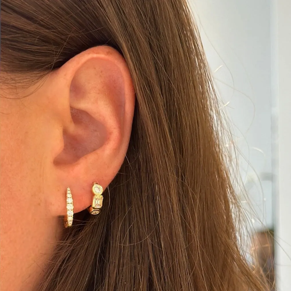 Alternating Round & Emerald Cut Diamond Huggie Earrings