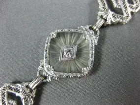 ANTIQUE WIDE .20CT OLD MINE DIAMOND & CRYSTAL 14KT WHITE GOLD FILIGREE BRACELET