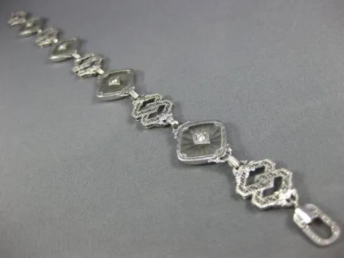 ANTIQUE WIDE .20CT OLD MINE DIAMOND & CRYSTAL 14KT WHITE GOLD FILIGREE BRACELET
