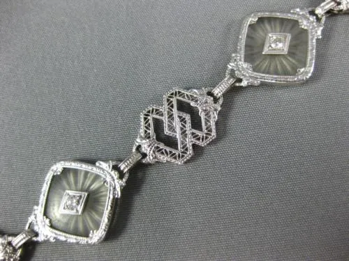 ANTIQUE WIDE .20CT OLD MINE DIAMOND & CRYSTAL 14KT WHITE GOLD FILIGREE BRACELET