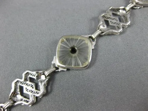 ANTIQUE WIDE .20CT OLD MINE DIAMOND & CRYSTAL 14KT WHITE GOLD FILIGREE BRACELET