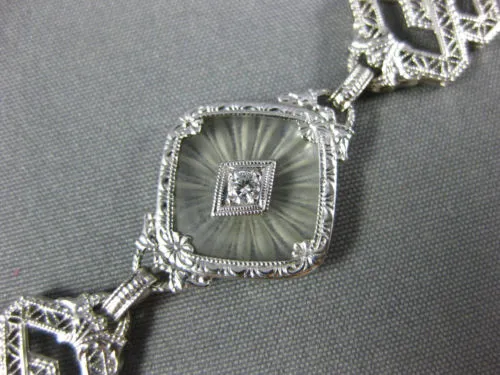 ANTIQUE WIDE .20CT OLD MINE DIAMOND & CRYSTAL 14KT WHITE GOLD FILIGREE BRACELET