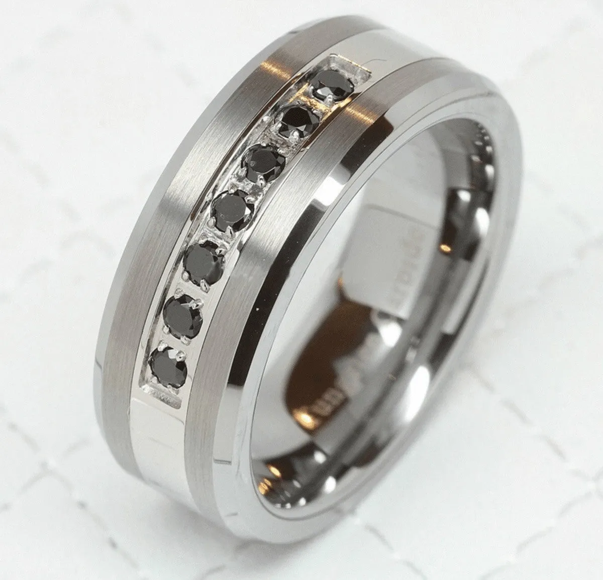 Beveled Silver Tungsten Wedding Ring