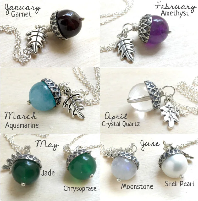 Birthstone Acorn Necklace- Your Choice of Month | Birthstone Jewelry | Gemstone Acorn Charm Necklace