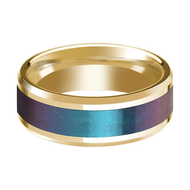 Blue/Purple Color Changing Inlaid Men's 14k Yellow Gold Polished Wedding Band with Beveled Edges - 8MM
