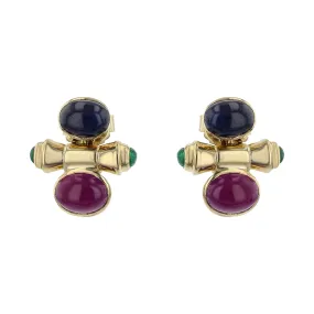 Cabochon Sapphire, Ruby and Emerald Earrings