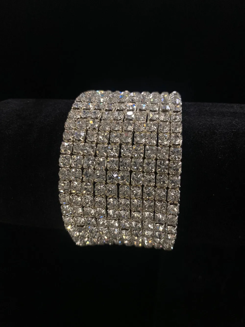 Clear Crystal Rhinestone 10 Row Stretch Bracelet in Silver