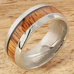 Damascus Steel Natural Koa Wood Oval Wedding Ring 8mm