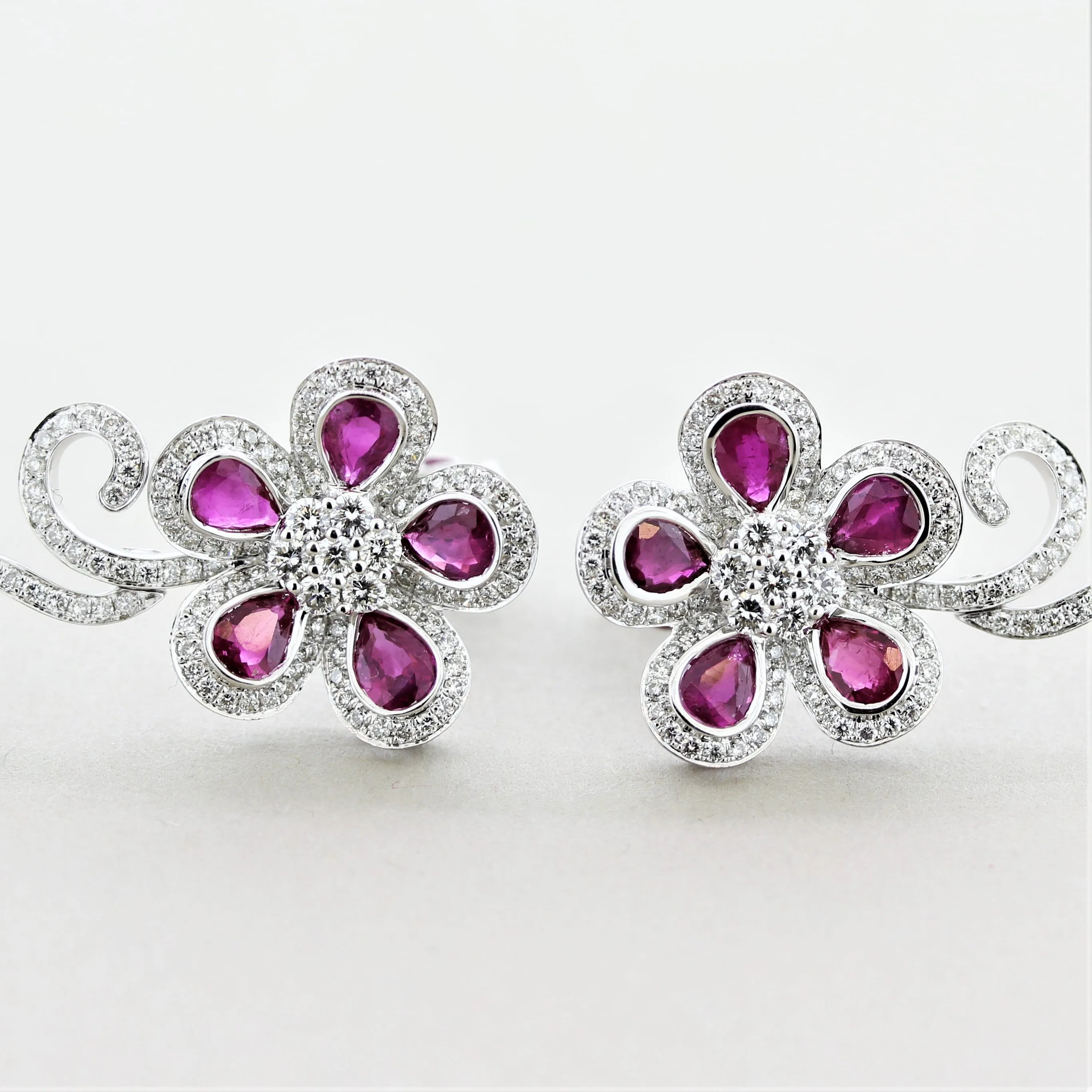 Diamond Ruby Gold Floral Earrings
