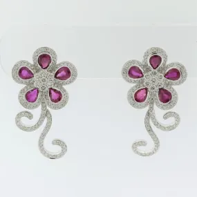 Diamond Ruby Gold Floral Earrings