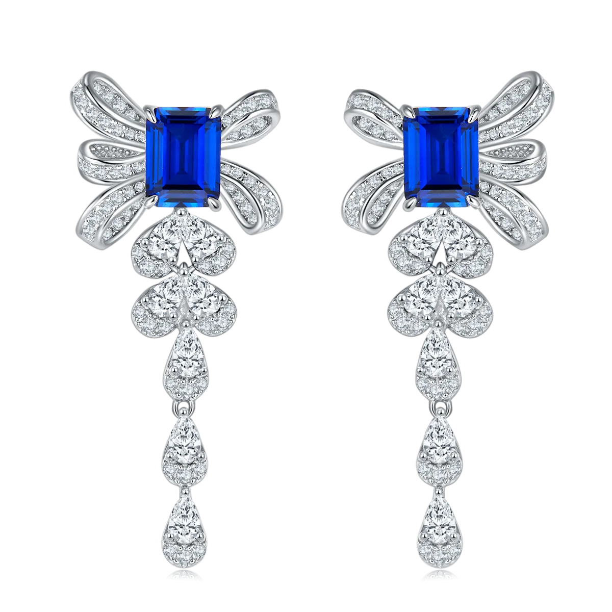 Elegant 4.0 Carat Rectangular Lab-Grown Gemstone Silver-Plated Platinum Bow Earrings