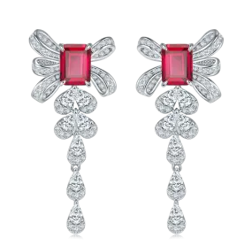 Elegant 4.0 Carat Rectangular Lab-Grown Gemstone Silver-Plated Platinum Bow Earrings