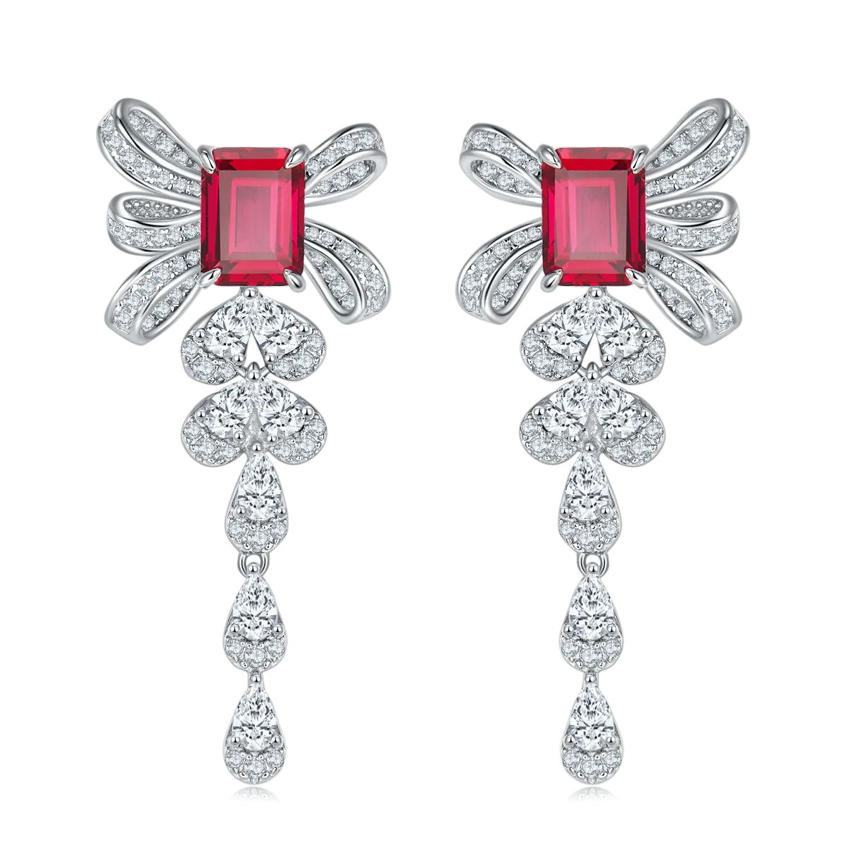 Elegant 4.0 Carat Rectangular Lab-Grown Gemstone Silver-Plated Platinum Bow Earrings
