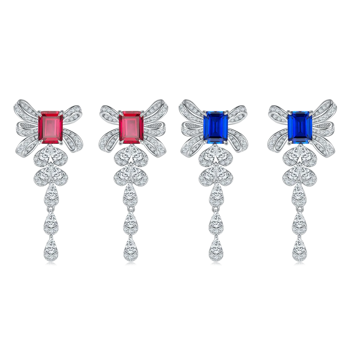 Elegant 4.0 Carat Rectangular Lab-Grown Gemstone Silver-Plated Platinum Bow Earrings