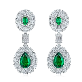 Elegant Double Halo Lab Created Emerald Drop Earrings in S925 Silver Plating
