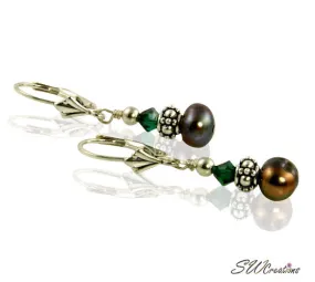 Emerald Brown Pearl Crystal Earrings