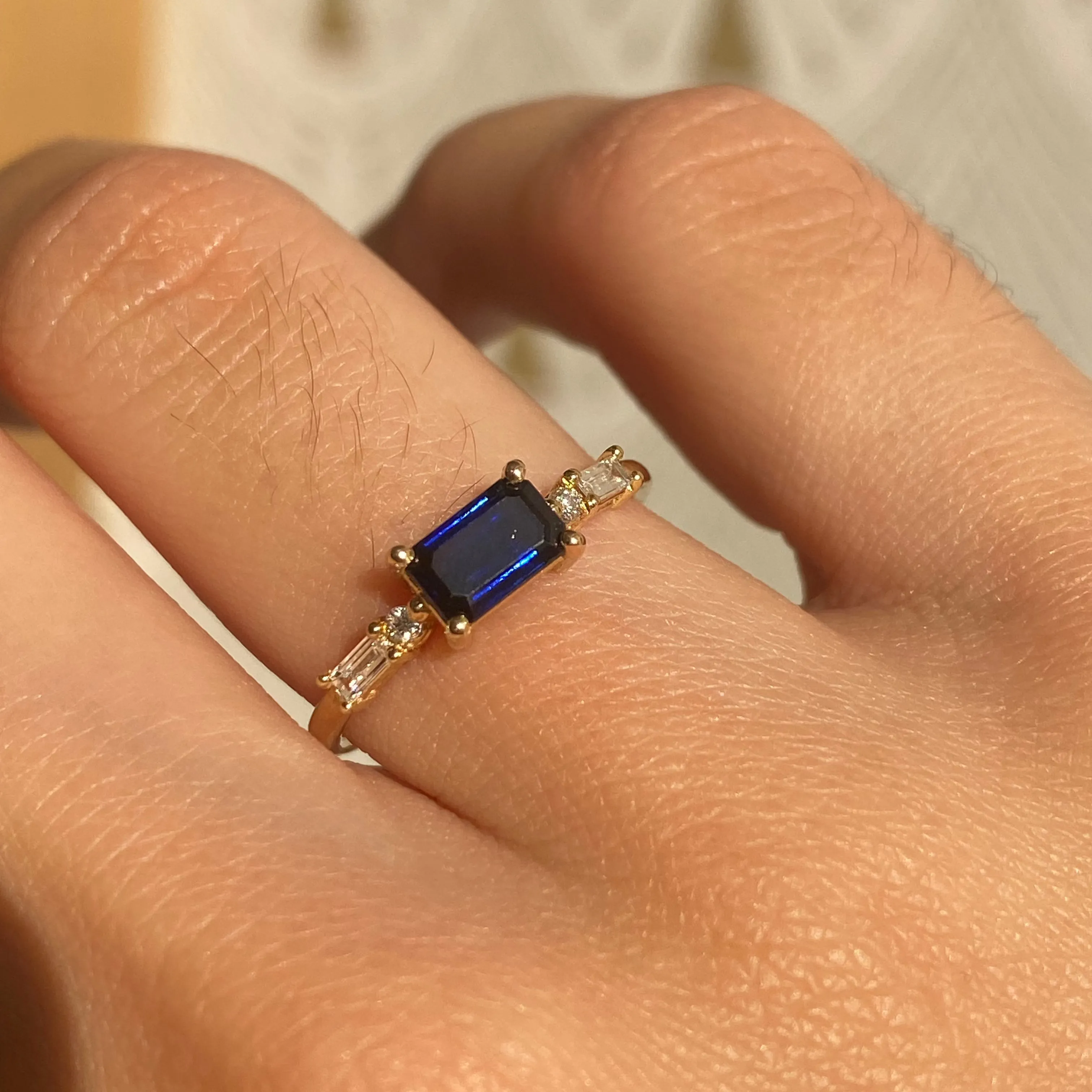 Emerald Cut Blue Sapphire Etude Ring (ready to ship option)*