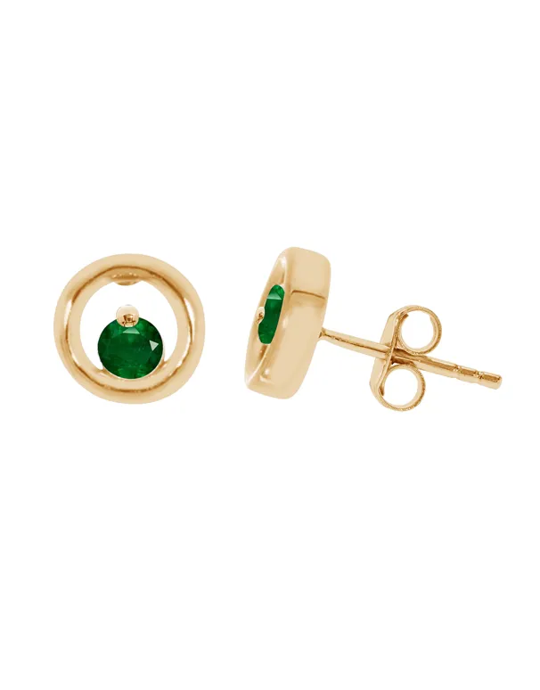 Emerald Earrings - 10ct Yellow Gold Natural Emerald Circle Stud Earrings - 786595