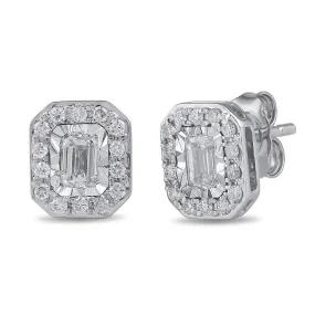 Emerald Solitaire and Halo Stud Earrings with 1/2ct of Laboratory Grown Diamonds in 9ct White Gold
