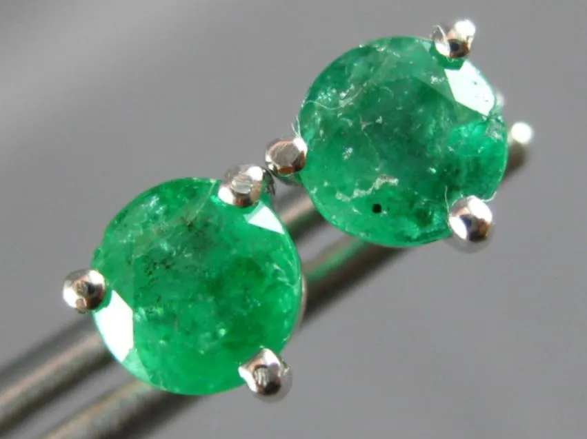 ESTATE 1.0CT AAA EMERALD 14KT WHITE GOLD ROUND THREE PRONG MARTINI STUD EARRINGS