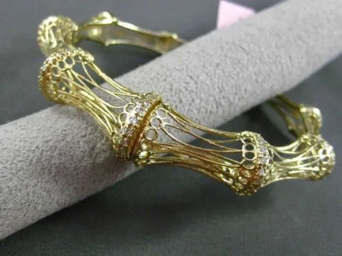 ESTATE WIDE .65CT DIAMOND 14KT YELLOW GOLD OPEN FILIGREE BAMBOO BANGLE BRACELET