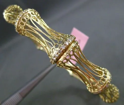 ESTATE WIDE .65CT DIAMOND 14KT YELLOW GOLD OPEN FILIGREE BAMBOO BANGLE BRACELET