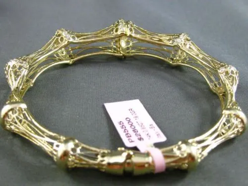 ESTATE WIDE .65CT DIAMOND 14KT YELLOW GOLD OPEN FILIGREE BAMBOO BANGLE BRACELET